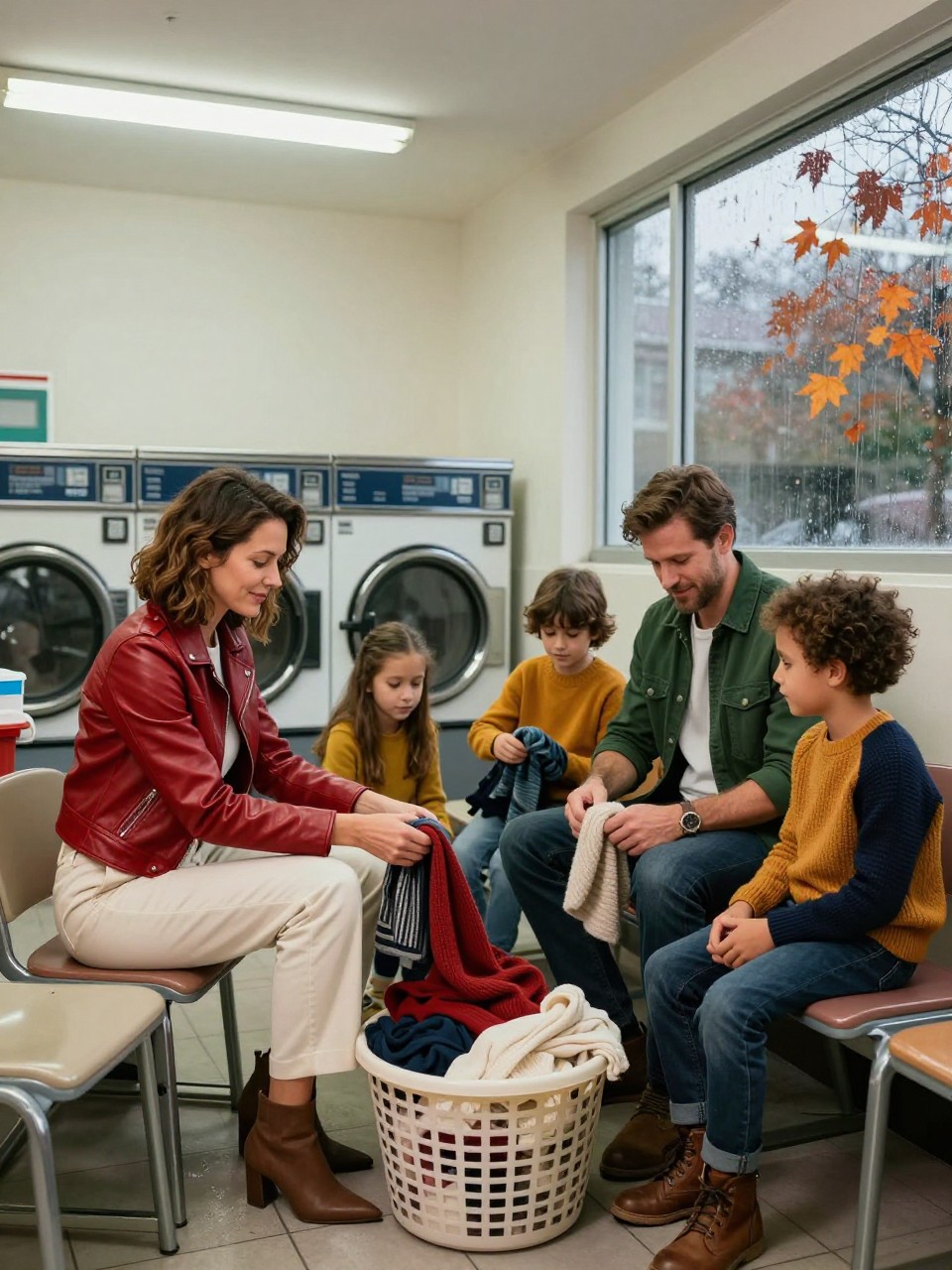 Image Prompt: A realistic direct-flash editorial photograph of a Mediterranean family of four inside a clean retro laundromat on a rainy fall evening. The mother wears a cherry-red leather jacket with cream trousers, the father wears a forest green overshirt and dark denim, and the children wear mustard and navy knitwear. They sit across a row of molded chairs folding scarves and sweaters from a large basket. Circular washing-machine doors, chrome surfaces, fluorescent lights, and a fogged window reflecting wet orange leaves create the background. Natural tan skin tones, believable flash shadows, realistic fabric folds and machine reflections, energetic but affectionate family atmosphere.