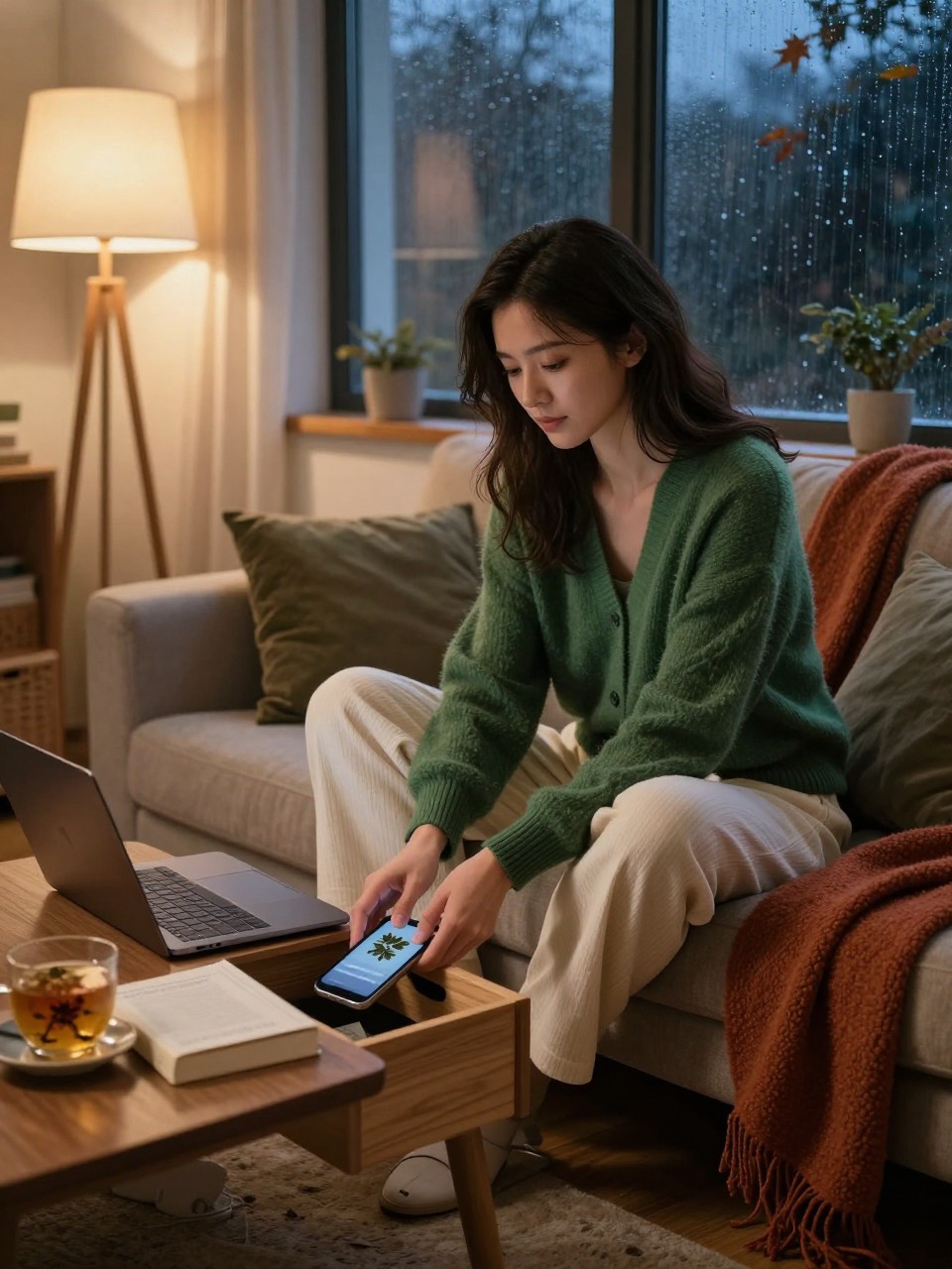 Image Prompt: A cinematic realistic photograph of a woman beginning an evening digital break in a cozy fall living room, placing her smartphone inside a small wooden drawer and closing her laptop, wearing cream lounge trousers and a soft forest-green cardigan, paperback book, herbal tea, knitting basket, and warm floor lamp nearby, rain-speckled window showing a dark blue evening, rust throw blanket and olive cushions, peaceful natural expression, detailed fabric and household textures, editorial DSLR photography, 35mm lens, no readable screens, no text.