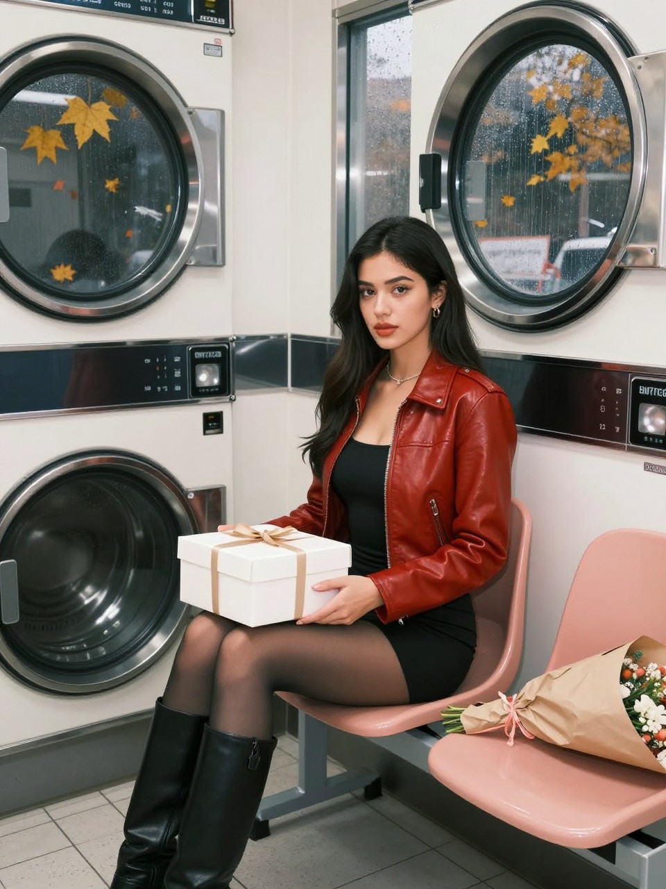 Image Prompt: A realistic direct-flash editorial photograph of a young Latina woman inside a clean retro laundromat on a rainy fall evening. She wears a cherry-red leather jacket over a fitted black mini dress, sheer tights, and knee-high boots. She sits sideways on a molded plastic chair while holding a small white cake box on her lap. Circular washing-machine doors, chrome surfaces, vending lights, and a fogged front window reflecting wet yellow leaves create the background. A bouquet wrapped in brown paper rests on the chair beside her. Natural olive skin tone, believable flash shadows, realistic chrome reflections, slight movement outside the window, stylish 2026 birthday-night atmosphere.