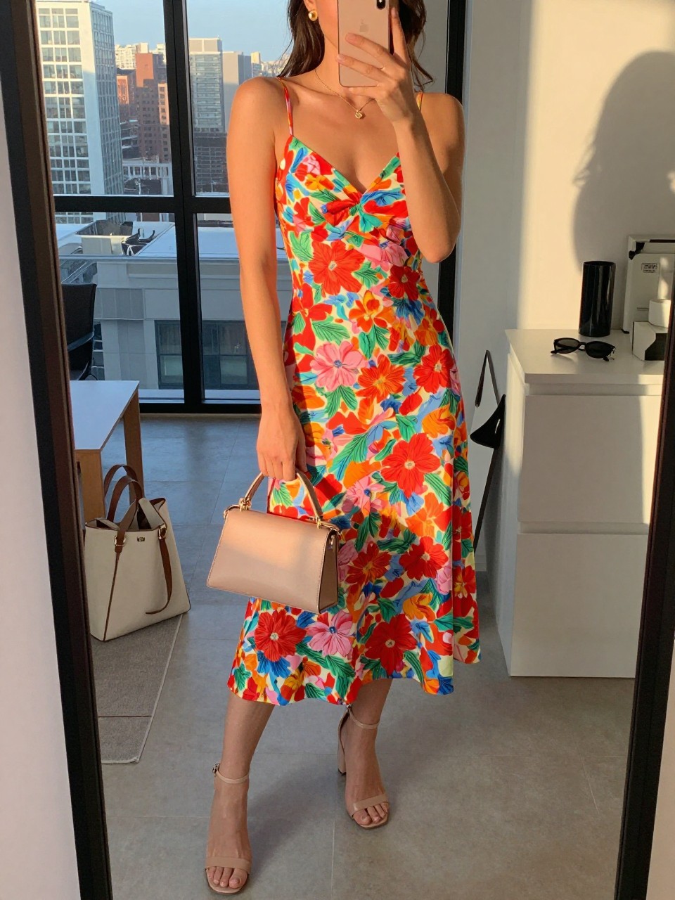 Image prompt
mirror selfie of a woman wearing a bright floral midi dress with nude block heels, a blush mini bag, and gold stud earrings, holding a phone in front of a mirror, cropped at NECK so face doesn't show, with a natural casual selfie pose, in a city apartment, evening golden hour, including small lived-in details like a tote bag on the floor and sunglasses on a dresser, latest iPhone photo quality.