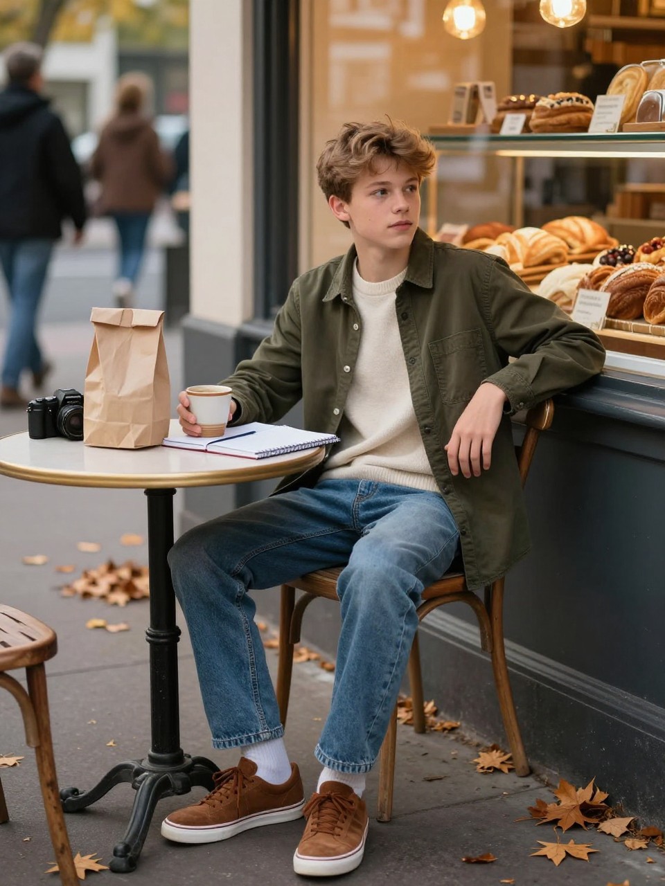 Image Prompt: A realistic lifestyle photograph of a white teenage boy sitting at a small table outside a neighborhood bakery after school. He wears a dark olive overshirt layered over a cream sweater, straight blue jeans, and brown suede trainers. A closed notebook, paper pastry bag, ceramic drink, and small camera sit on the table. He leans back slightly with one arm resting across the chair while looking toward the street rather than at the lens. Warm bakery lights glow through the window, fallen copper leaves line the pavement, and passing pedestrians remain softly blurred. Natural skin texture, realistic food packaging, relaxed body language, late-afternoon fall light.