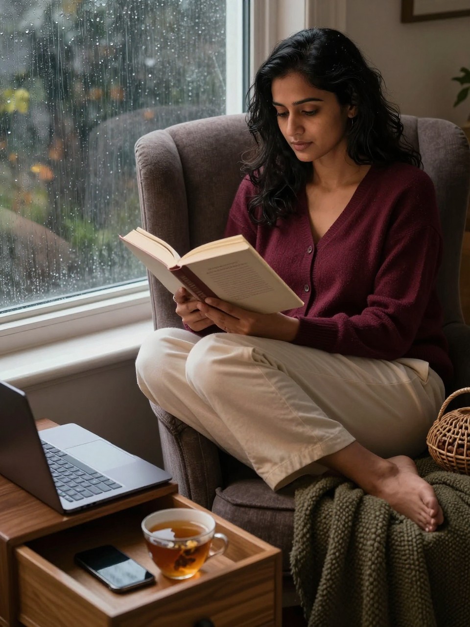 Image Prompt: A realistic lifestyle photograph of a South Asian woman spending a low-input fall day at home, curled into a deep armchair beside a rain-speckled window while reading a paperback book, smartphone switched off and placed inside a wooden drawer, closed laptop across the room, woman wearing a soft burgundy cardigan and cream trousers, warm herbal tea, simple soup, knitting basket, and textured olive blanket nearby, cool gray rain outside contrasted with warm amber interior lighting, peaceful natural expression, detailed fabric and skin textures, cinematic DSLR editorial photography, 50mm lens, no readable book title, no text.