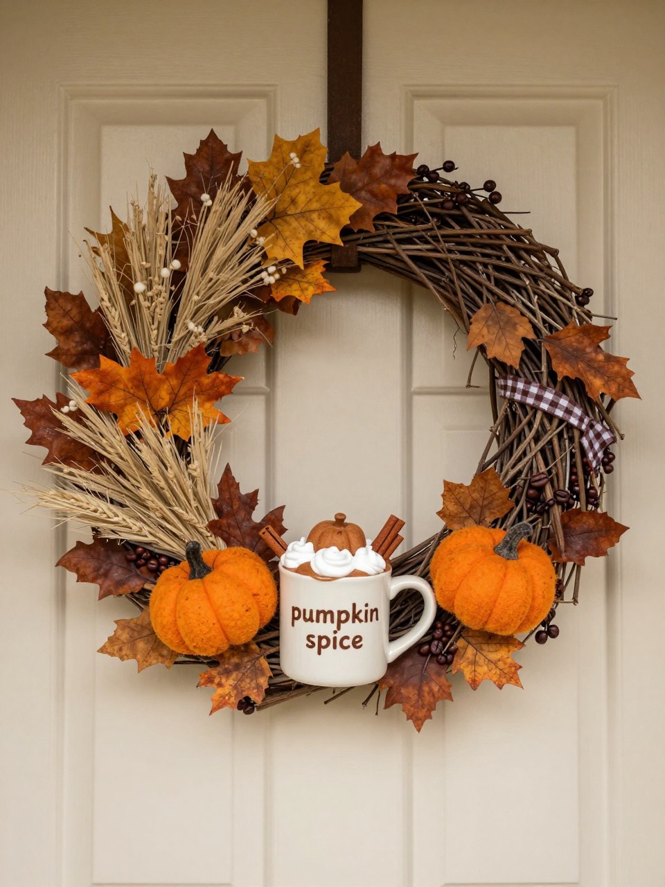 Image prompt: A playful but tasteful handmade fall wreath displayed on a cream apartment front door, made from a medium grapevine ring with a lightweight ceramic-look mug attached at the lower center, the mug labeled “pumpkin spice” in simple brown lettering and filled with artificial cinnamon-colored foam, tiny faux whipped cream, mini cinnamon sticks, and a felt pumpkin pick, surrounded by rust leaves, beige grass, coffee-colored berries, and a small checkered ribbon, realistic handmade craft details, warm indoor hallway light, DSLR photography, no people, vertical composition.