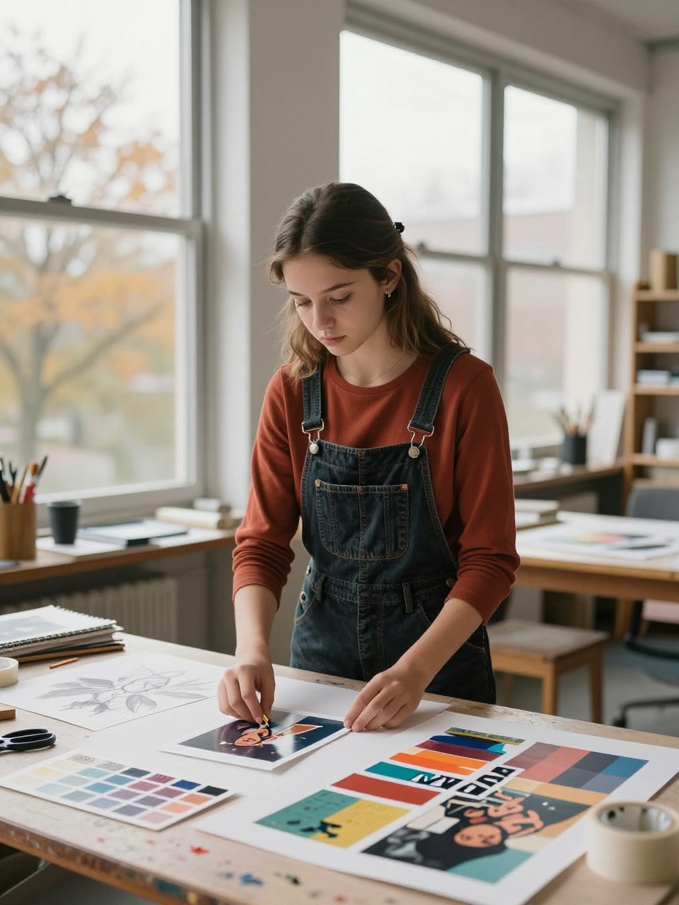 Image Prompt: A realistic indoor DSLR portrait of a Mediterranean teenage girl working at a large art-studio table beside tall windows. She wears dark denim overalls over a fitted rust long-sleeve shirt, with her hair clipped loosely away from her face. The table contains sketchbooks, paint swatches, photographs, scissors, tape, and a partly completed collage featuring abstract colors and the graduation year. She stands leaning lightly over the table while arranging one photograph. Amber trees are visible outside, and shelves of art materials remain softly blurred behind her. Natural tan skin texture, realistic paper details, visible denim and paint marks, soft cloudy window light, thoughtful editorial composition.