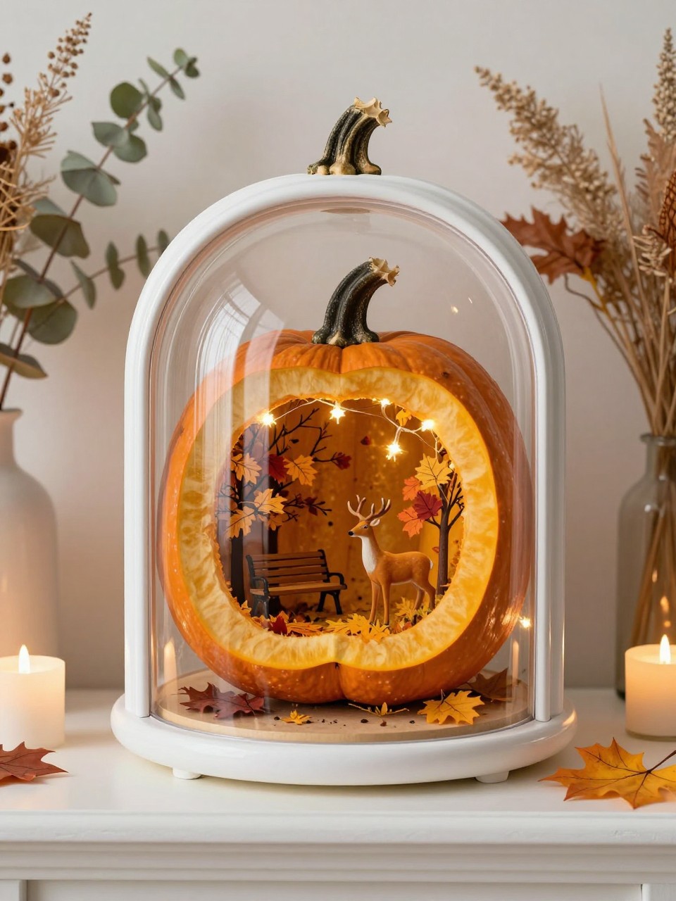 Image Prompt: A realistic DSLR photo of a fake pumpkin cut open in the front to reveal a tiny fall scene inside, with miniature trees, a tiny bench, faux leaves, a small deer figure, fairy lights, clear plastic dome detail, and white pumpkin frame, displayed on a mantel with candles and dried eucalyptus, magical fall craft photography.