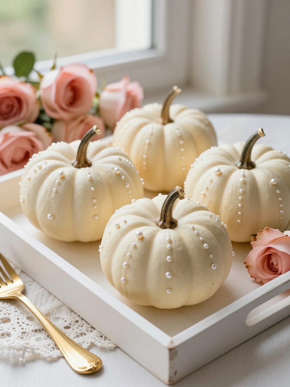 Image Prompt: A realistic DSLR photo of small ivory pumpkins decorated with tiny pearl stickers in neat dotted lines and scattered clusters, styled on a white tray with soft pink roses, gold flatware, lace fabric, and warm natural window light, elegant feminine fall decor photography.