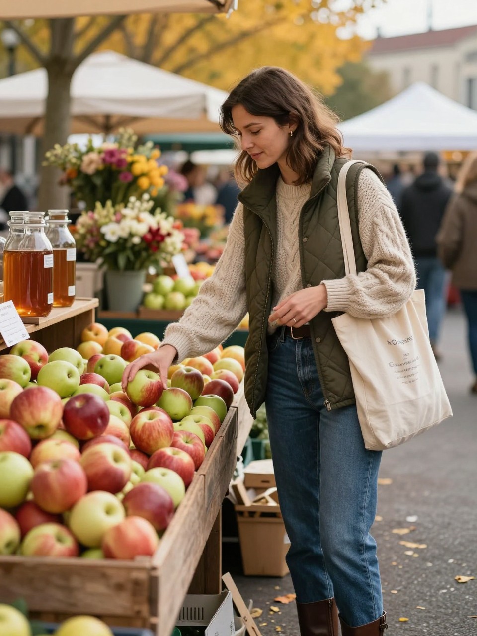 Image Prompt: A realistic fall food and lifestyle photograph of a woman visiting an outdoor farmers’ market alone, choosing red and green apples from rustic wooden crates, wearing an oatmeal cable-knit sweater under a dark olive quilted vest, straight-leg jeans and brown boots, reusable canvas tote over one shoulder, warm apple cider stand and flower stall softly blurred behind her, golden trees and cool pale sunlight, natural candid smile, second subtle scene suggested through a bakery box and handwritten recipe card in her tote, realistic fruit, clothing and skin textures, DSLR editorial photography, 50mm lens, no readable signs, no logos.