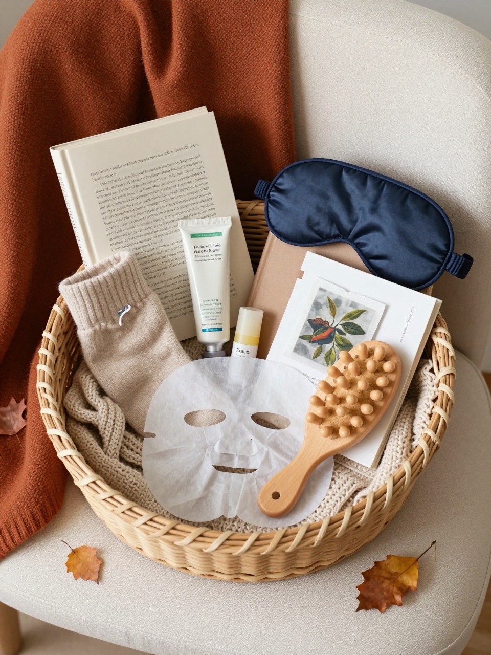 Image Prompt: A photorealistic overhead photograph of a carefully arranged fall self-care basket on a cream upholstered chair, containing a paperback book, soft socks, hand cream, lip balm, herbal tea sachets, a sleep mask, small journal, sheet mask, wooden massage tool and folded knit scarf, surrounded by a rust-colored throw and a few dried leaves used as subtle decoration, warm natural afternoon light, realistic paper, fabric and woven textures, cozy but uncluttered composition, editorial lifestyle flat-lay photography, 35mm lens, no visible brand names, no readable text.