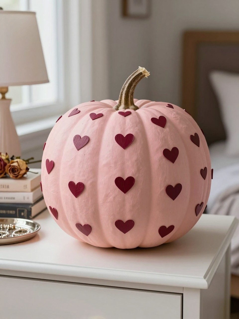 Horizontal 16:9 casual iPhone photo of a matte blush-pink real pumpkin covered with scattered tiny burgundy hearts, hearts slightly varied in size and direction, natural brown stem, displayed on a bedroom dresser beside a lamp, stacked books, dried roses, and a jewelry tray, soft evening window light, realistic handmade brush texture, sweet but polished fall decor, no text.