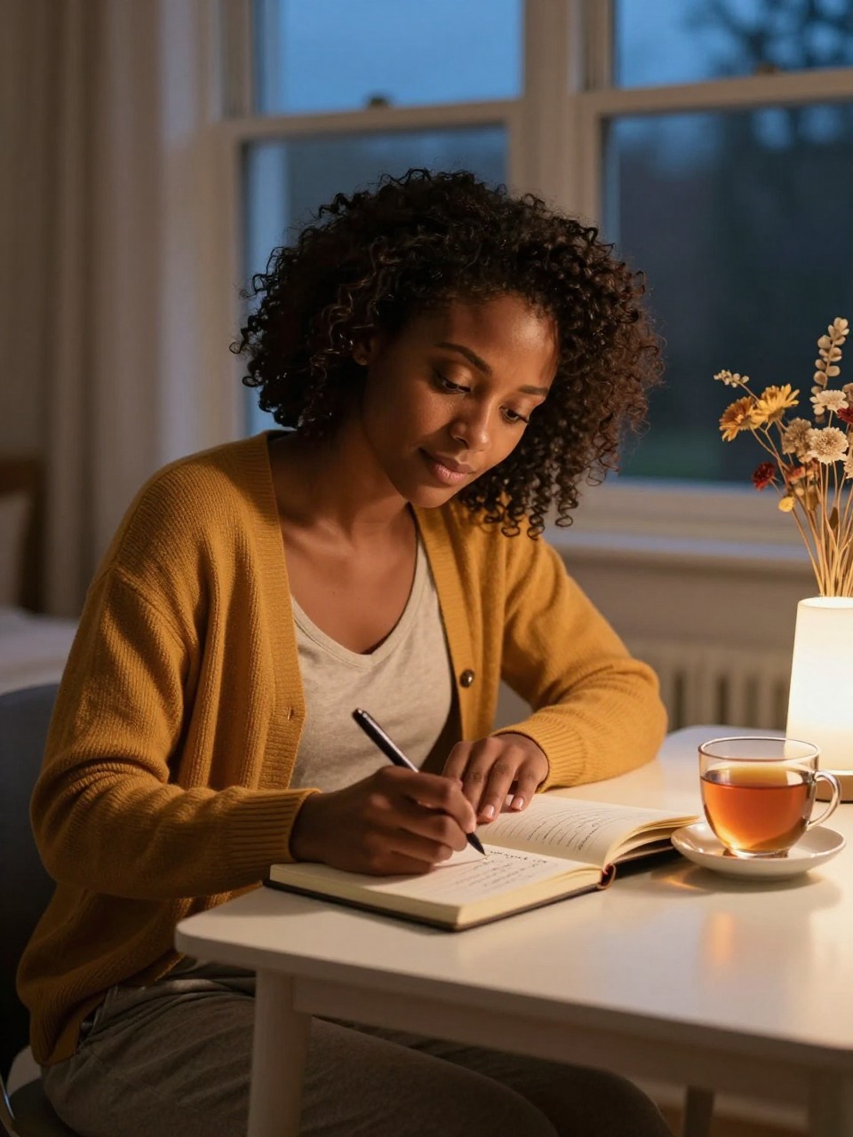 Image Prompt: A realistic DSLR photograph of a Black woman with warm brown skin writing in a journal at a small bedroom desk during a quiet fall evening, wearing a soft mustard cardigan and simple lounge clothes, open notebook with handwriting kept too blurred to read, warm tea, pen, small lamp and a few dried flowers arranged nearby, dark blue sky visible through the window, calm thoughtful expression, natural skin texture, warm amber interior lighting, intimate editorial wellness photography, 50mm lens, no logos, no readable text.