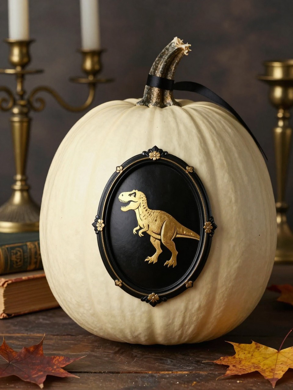 Image Prompt: A realistic DSLR photo of a matte cream pumpkin decorated with an oval black cameo frame painted on the front, featuring a gold T. rex silhouette inside, tiny floral corner details, black ribbon around the stem, antique books, brass candlesticks, and moody fall light, vintage classy dinosaur pumpkin decor.