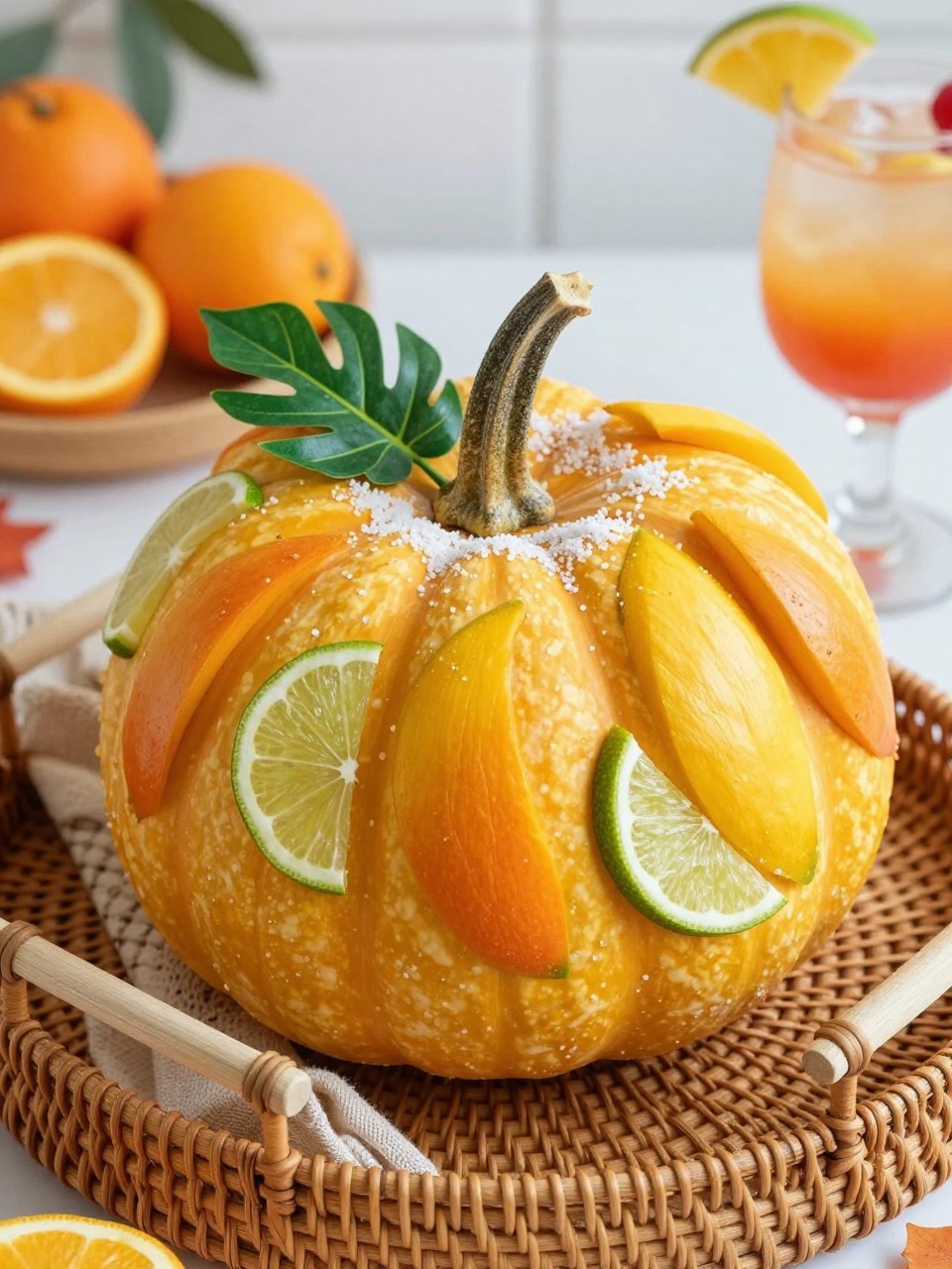 Image Prompt: A realistic DSLR photo of a golden yellow pumpkin decorated with painted mango slices, lime wedges, orange gradient details, white salt-like texture around the stem, and a small tropical leaf accent, placed on a rattan tray with citrus fruit, woven napkins, and bright natural light, colorful cocktail-inspired fall decor.