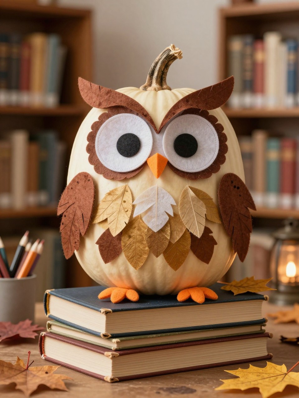 Image Prompt: A realistic DSLR photo of a medium cream pumpkin decorated as a cute storybook owl, with large round felt eyes, layered paper feathers in brown, rust, gold, and ivory, a tiny orange triangle beak, small felt wings, sitting on a stack of vintage books with dried leaves, pencils, and warm reading nook light, cozy classroom library fall craft display, sharp handmade details.