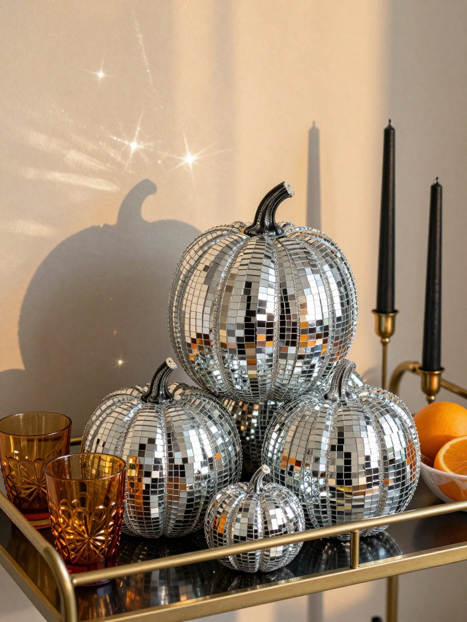 Image Prompt: A realistic DSLR photo of fake pumpkins covered in tiny mirror tiles, silver and champagne disco pieces, styled on a bar cart with amber glasses, black taper candles, citrus bowls, and warm evening light reflecting sparkle onto the wall, trendy fall party decor photography.