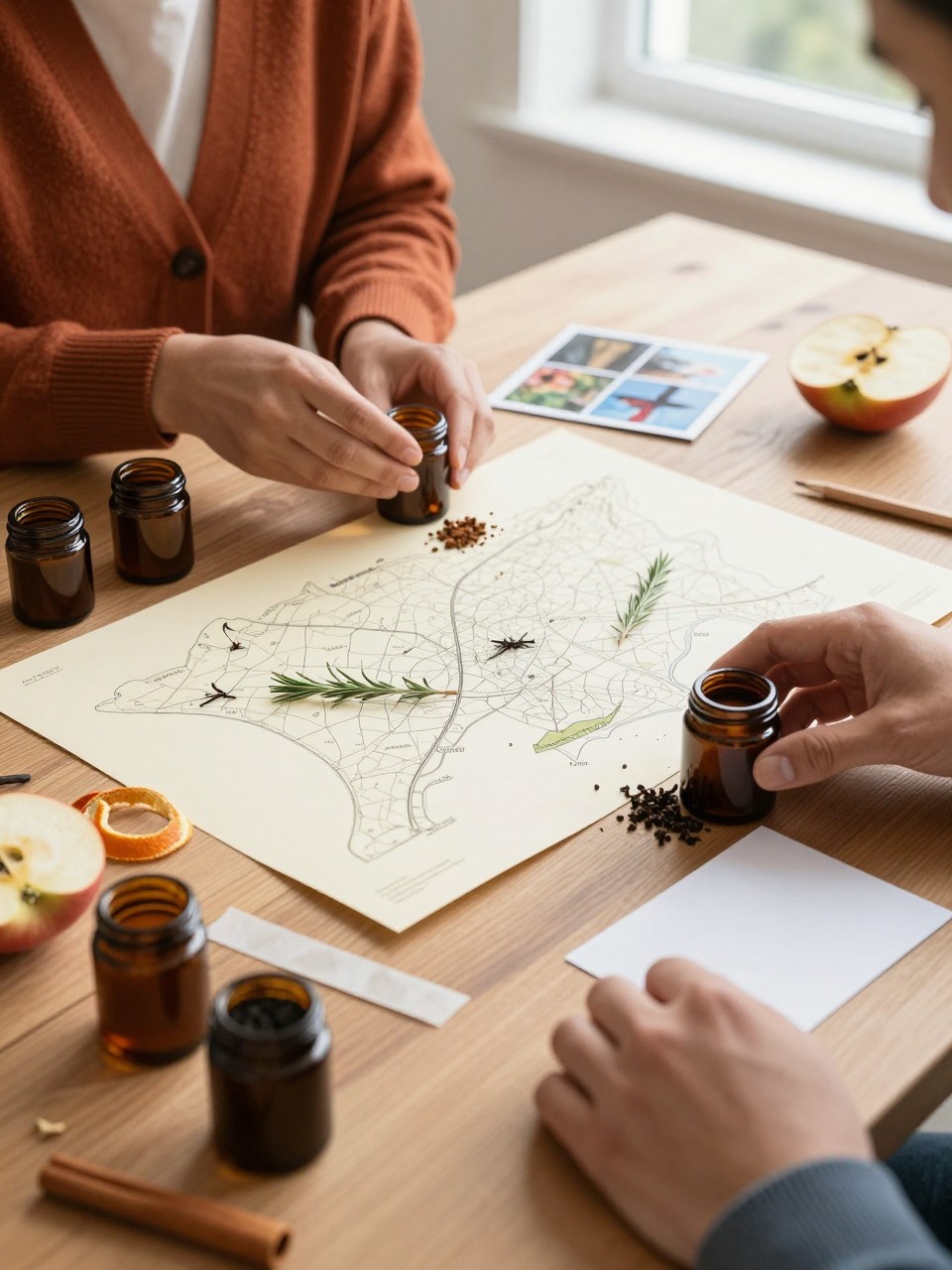 Image Prompt: A wooden table prepared for an autumn scent activity, small amber jars containing cinnamon, cedar, orange peel, rosemary, vanilla, coffee, apple slices, black tea, and cloves, paper scent strips, blank cards, pencils, and a large cream sheet arranged like a map, a woman with medium-brown skin wearing a rust cardigan testing a cedar scent while her partner places a jar beside a memory photograph, warm window light, natural ingredient spills, detailed editorial DSLR close-up photography, no commercial labels, no readable text.