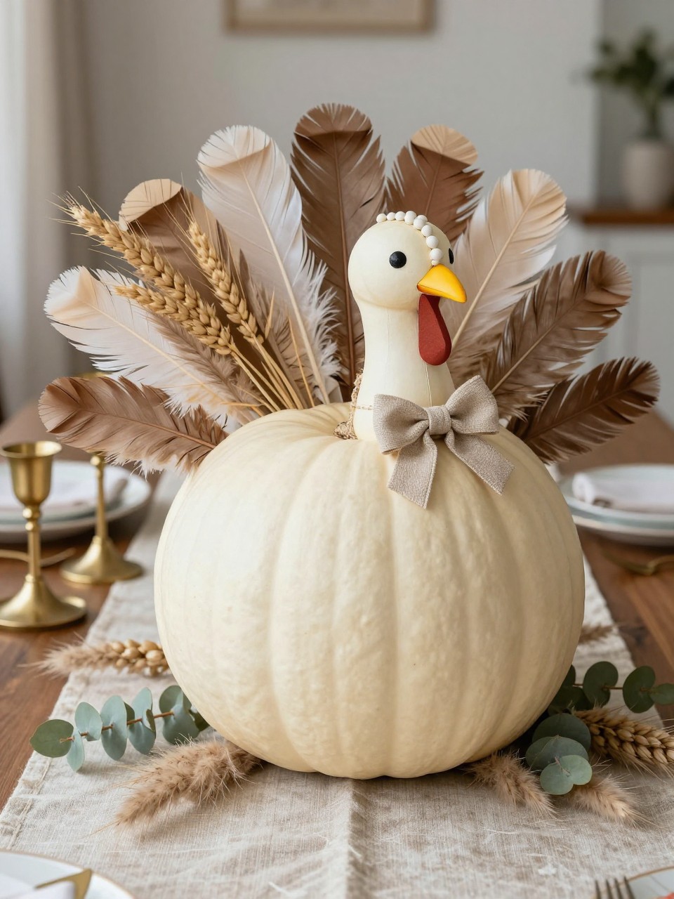 Image Prompt: A realistic DSLR photo of a cream pumpkin decorated as an elegant turkey, with soft beige, taupe, ivory, and brown paper feathers, a simple painted face, small linen bow near the stem, dried wheat, pampas grass, and eucalyptus around the base, styled on a linen Thanksgiving table runner with brass candle holders and warm natural light, classy fall centerpiece decor.