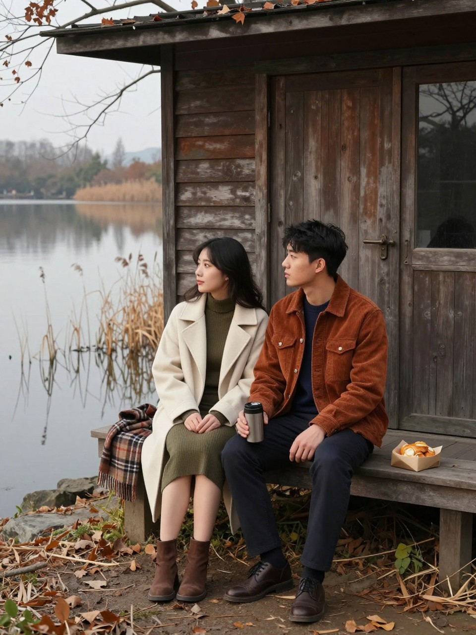 Image Prompt: A realistic outdoor DSLR photograph of a young East Asian couple seated beside a closed wooden boathouse near a calm lake in late fall. The woman wears a fitted olive midi dress, cream wool coat, and brown ankle boots. The man wears a rust corduroy jacket over a navy sweater, dark trousers, and leather shoes. They sit close together on a sturdy bench, sharing a thermos cup while looking across the water. A folded checked scarf and small paper bag of pastries rest beside them. Bare branches, faded reeds, and copper leaves reflect across the lake beneath a pale grey sky. Natural skin tones, realistic water reflections, visible corduroy and wool textures, quiet intimate composition.