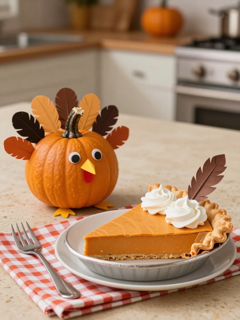 Image Prompt: A realistic DSLR photo of a small pumpkin decorated as a turkey sitting beside a handmade paper pumpkin pie slice, with whipped cream cotton detail, paper feathers, felt beak, red wattle, tiny fork prop, gingham napkin, warm kitchen counter light, playful Thanksgiving dessert-themed pumpkin decorating idea.