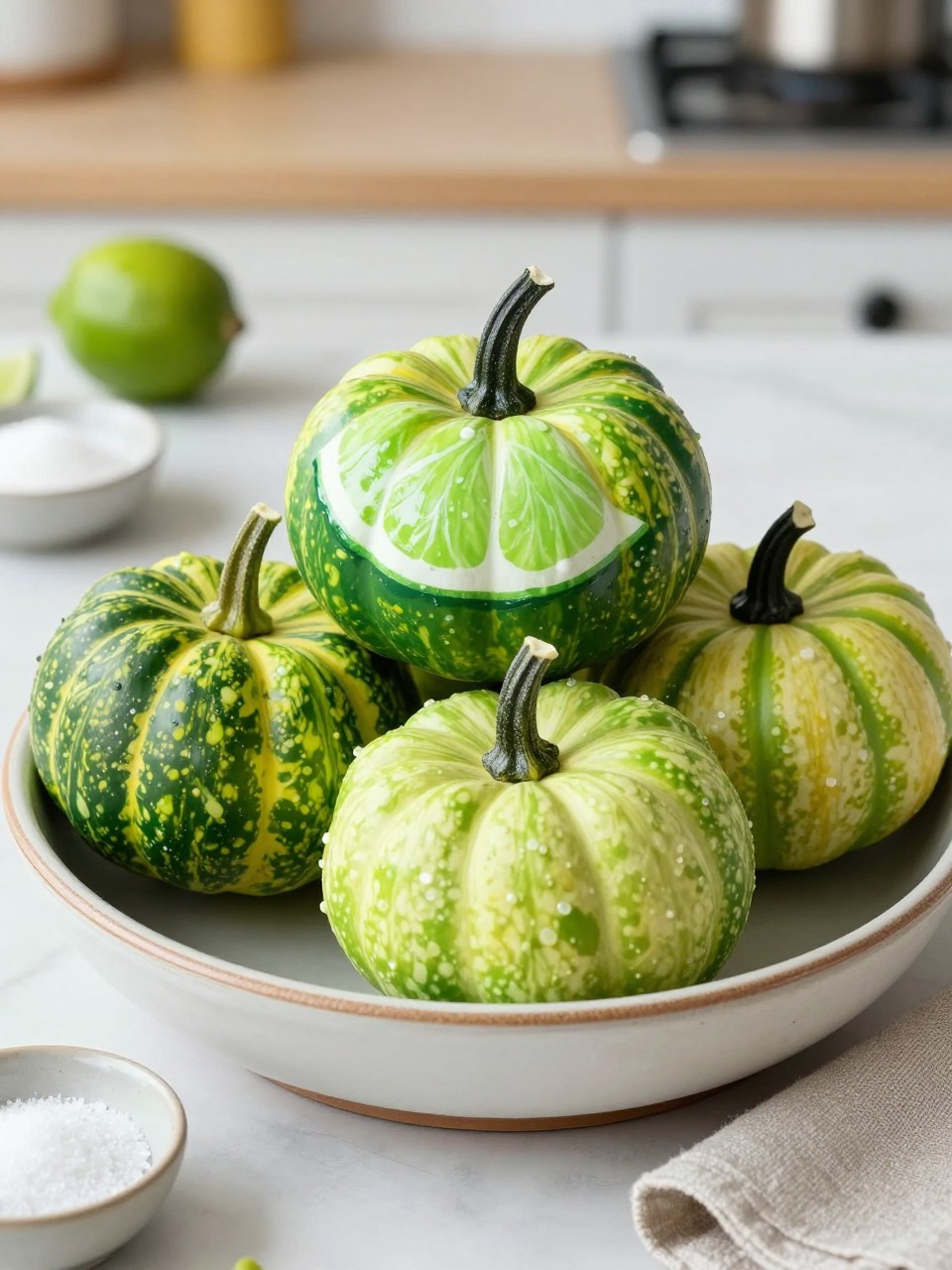 Image Prompt: A realistic DSLR photo of mini pumpkins painted to look like lime wedges, with bright green outer edges, pale green centers, white segment lines, and glossy painted texture, arranged in a ceramic bowl with real limes, salt dish, linen cocktail napkins, and a bright kitchen counter background, colorful editorial fall party photography.