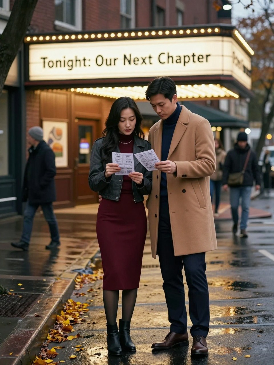 Image Prompt: A realistic evening DSLR photograph of an East Asian couple standing beneath the glowing marquee of a restored neighborhood cinema during fall. The woman wears a fitted dark red midi dress beneath a cropped charcoal jacket, sheer tights, and black ankle boots. The man wears a camel wool coat over a navy turtleneck and dark tailored trousers. They stand close together while reading two paper tickets, with his arm resting naturally around her waist. The marquee uses generic lettering reading “Tonight: Our Next Chapter,” without copying a real venue or film title. Wet pavement reflects the warm lights, yellow leaves gather near the curb, a few pedestrians remain softly blurred, realistic skin tones, subtle direct-flash detail, cinematic but believable engagement-night photography.