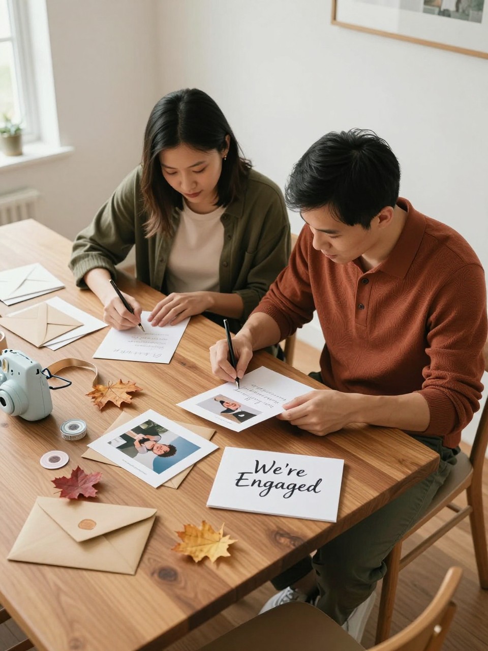 Image Prompt: A realistic overhead and three-quarter DSLR photograph of an East Asian couple sitting together at a large wooden dining table while creating simple engagement announcement cards. The woman wears an olive cardigan over a cream top, while the man wears a rust knit polo with relaxed dark trousers. The table holds thick paper, envelopes, ribbon, a small instant camera, printed photographs, wax-free adhesive seals, and several autumn leaves. One card reads “We’re Engaged” in clean handwritten lettering. They sit close together while choosing between two photographs and writing addresses. Soft afternoon window light, natural skin tones, realistic paper textures, uncluttered modern apartment, candid creative interaction.