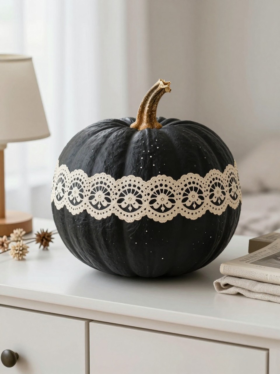 Horizontal 16:9 casual iPhone photograph of a matte black real pumpkin hand-painted with a narrow warm-white lace-inspired band around the widest section, featuring scallops, loops, dots, and tiny floral shapes, natural brown stem, displayed on a bedroom dresser beside folded linen, a small lamp, dried flowers, and neutral books, soft morning window light, delicate slightly imperfect details, no actual fabric attached, no text.