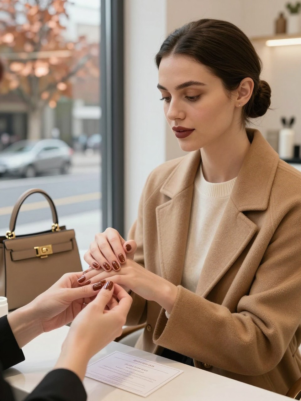 Image Prompt: A polished realistic beauty and lifestyle photograph of a woman enjoying a solo fall beauty date at a modern nail salon, seated beside a large window while receiving a short glossy chocolate-brown manicure with a fine gold accent line, wearing a tailored camel coat over a cream knit top, dark hair styled in a smooth low bun, natural satin makeup and berry-brown lipstick, structured handbag and restaurant reservation card placed beside her, copper trees visible outside, warm clean salon lighting, realistic hands, nail texture and skin, premium DSLR beauty editorial photography, 85mm lens, no salon logos, no readable text.
