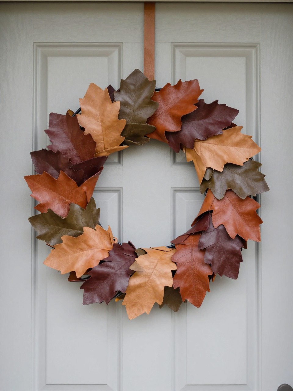 Image prompt: A sleek handmade fall wreath on a pale greige modern front door, built from a slim black metal ring with layered faux leather leaves in cognac, camel, chocolate brown, olive, and deep burgundy attached along one side, each leaf cut in a simple elongated shape with hand-creased center lines, finished with a narrow tan leather hanging loop, minimalist entryway, realistic leather grain and clean handmade edges, soft natural daylight, DSLR editorial decor photography, no people, vertical frame.