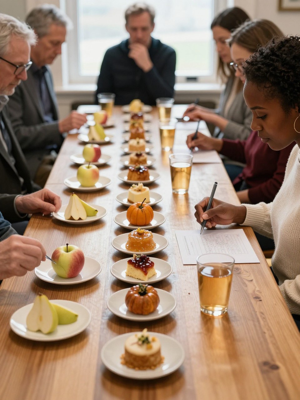 Image Prompt: A long wooden dining table arranged with a progressive fall tasting ladder, small numbered plates containing fresh apple, baked apple, apple jam, apple cake, and warm cider, alongside similar pear and pumpkin samples, four adults comparing textures and flavors, one Black woman wearing a cream sweater recording scores on a blank tasting card, soft window light, detailed food textures and natural crumbs, editorial DSLR food photography, no readable labels, no text.
