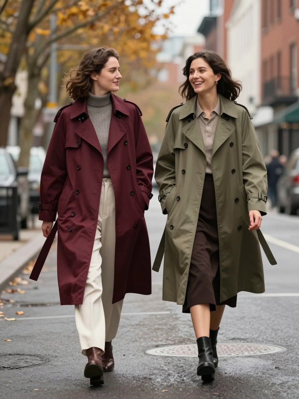 Image Prompt: A realistic full-body DSLR street-style photograph of two female best friends crossing a quiet city street lined with amber trees and brick buildings. One woman wears a deep burgundy trench coat over cream trousers, while the other wears an olive green trench over a dark chocolate skirt and ankle boots. Their outfits coordinate through warm neutral accessories without matching exactly. Capture them walking side by side, one turning toward her friend mid-conversation while the other looks ahead laughing. Their coat hems move naturally with their steps. Slightly wet pavement, soft overcast daylight, believable skin and fabric texture, natural body proportions, subtle background pedestrians, polished 2026 editorial photography.