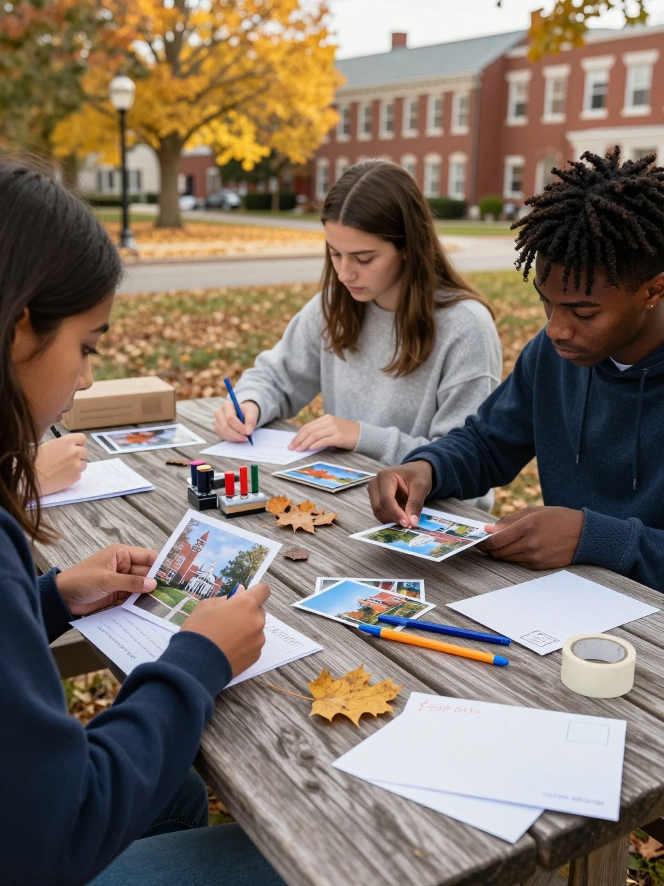 Image Prompt: Three college students seated at a wooden picnic table creating handmade fall postcards, printed campus photos, pressed leaves, colored pens, stamps, tape and blank cards spread across the surface, one Black male student with short twists attaching a photograph of a campus tower while friends write messages, golden trees and red brick buildings behind them, comfortable sweaters, soft late-afternoon light, visible paper edges and handmade imperfections, editorial DSLR craft photography, no readable writing, no text overlay.