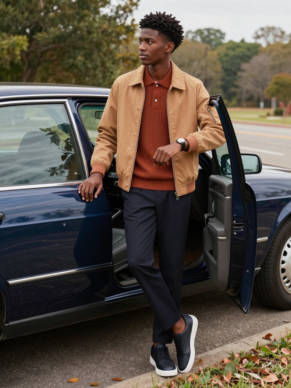 Image Prompt: A realistic senior fashion photograph of a Black teenage boy standing beside the open passenger door of a clean vintage dark blue sedan parked near a tree-lined overlook. He has deep brown skin and short natural curls, wearing a rust knitted polo beneath a camel bomber jacket, dark tailored trousers, and polished sneakers. One hand rests lightly on the top of the open door while the other adjusts his watch. He stands with one foot slightly inside the car and looks toward the distant view. Copper leaves, faded grass, and a quiet road appear behind him. Natural dark skin tone, realistic vehicle details, visible knit texture, soft late-afternoon light, confident but age-appropriate styling.