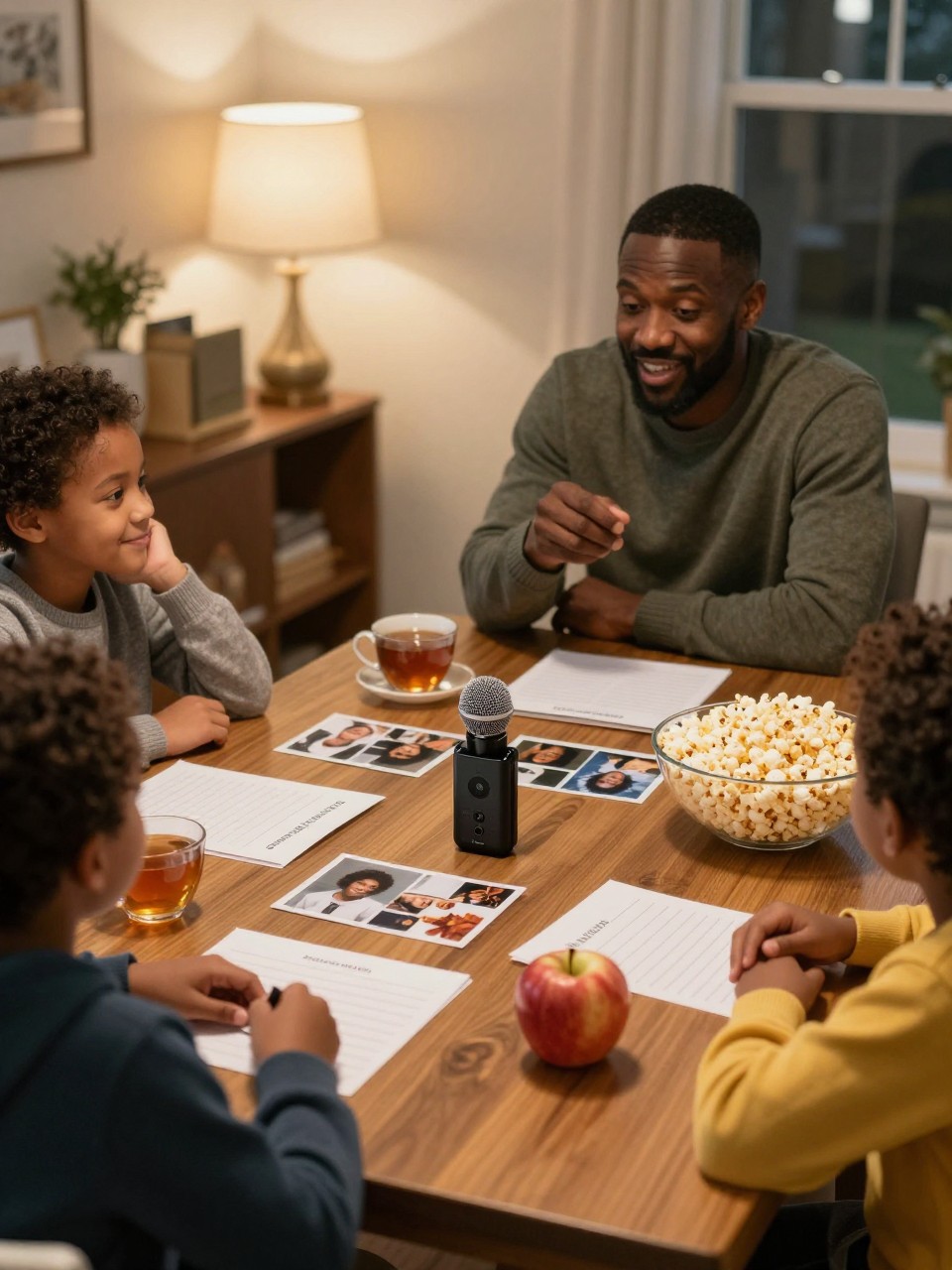 Image Prompt: A family seated around a dining table recording an autumn audio time capsule, a small portable microphone in the center beside printed photos, blank prompt cards, tea, apples, and a bowl of popcorn, a Black father speaking while two children and another adult listen and smile, relaxed sweaters, warm evening lamp light, natural home setting, documentary-style DSLR photography, no readable prompts, no text overlay.