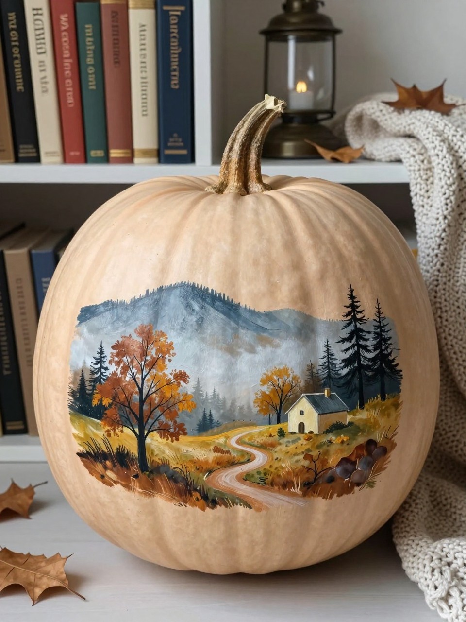 Horizontal 16:9 natural iPhone camera photograph of a wide pale-beige real pumpkin painted with a small misty autumn landscape around the lower half, blue-gray hills, rust and mustard trees, dark pine silhouettes, a winding path, and a tiny cream cottage, displayed on a bookshelf beside old novels, a small lamp, dried leaves, and a folded knit blanket, soft late-afternoon light, atmospheric handmade painting, no fantasy glow, no text.