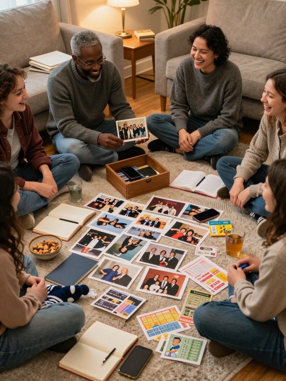 Image Prompt: Four longtime friends sitting on a living room floor surrounded by printed photographs, old school notebooks, concert tickets, childhood games and photo albums, all smartphones placed inside a closed wooden box on a side table, one Black man holding up an old group photograph while everyone laughs, bowls of snacks and warm drinks nearby, soft sweaters and socks, warm floor lamps, realistic paper wear and relaxed posture, intimate DSLR lifestyle photography, no readable album captions, no text overlay.