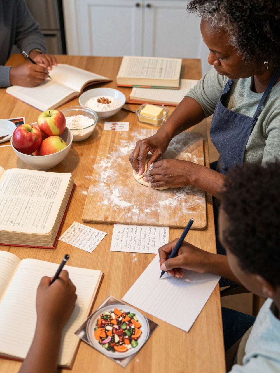 Image Prompt: A cozy kitchen table covered with old family cookbooks, handwritten recipe cards, printed food photographs, and ingredients for a seasonal dish, an older Black woman showing a younger adult how to shape dough while another family member records notes on a blank card, bowls of apples, flour, cinnamon, and butter nearby, warm kitchen lighting, natural flour marks and paper wear, intimate editorial DSLR photography, no readable recipe text, no text overlay.