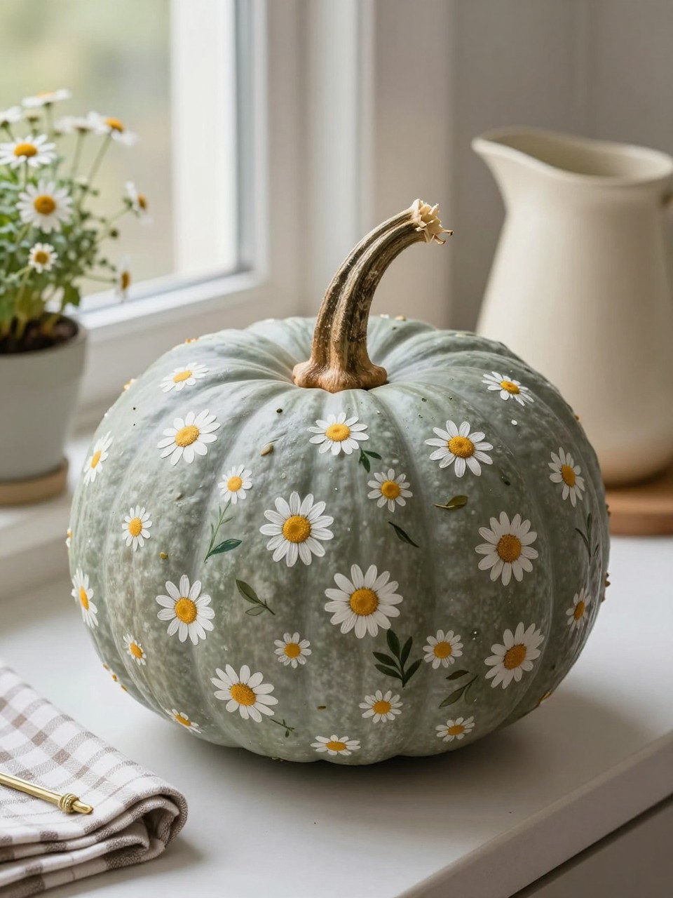 Horizontal 16:9 realistic iPhone photo of a muted sage-green real pumpkin hand-painted with scattered tiny warm-white daisies, mustard-yellow centers, and a few small olive leaves, natural twisted stem, displayed on a kitchen windowsill beside a cream pitcher, folded checked cloth, herb pot, and dried chamomile flowers, soft natural daylight, slightly uneven petals, lived-in home setting, no artificial gloss, no text.