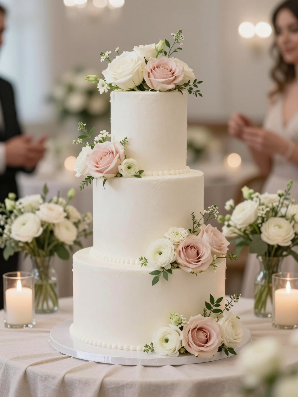 Image Prompt: Ultra-realistic wedding party image of a modern square wedding cake with smooth white tiers and fresh flowers arranged neatly on the corners of each tier. Use roses, orchids, ranunculus, and soft greenery in ivory, blush, and pale pink tones. Place the cake on a stylish reception cake table with candles, floral centerpieces, linen draping, and a softly blurred wedding venue background. No visible faces. If guests appear, show only hands, back views, side views in blur, or cropped neck-down figures. Realistic flower texture, clean square cake structure, soft DSLR wedding photography. (no watermarks on images)