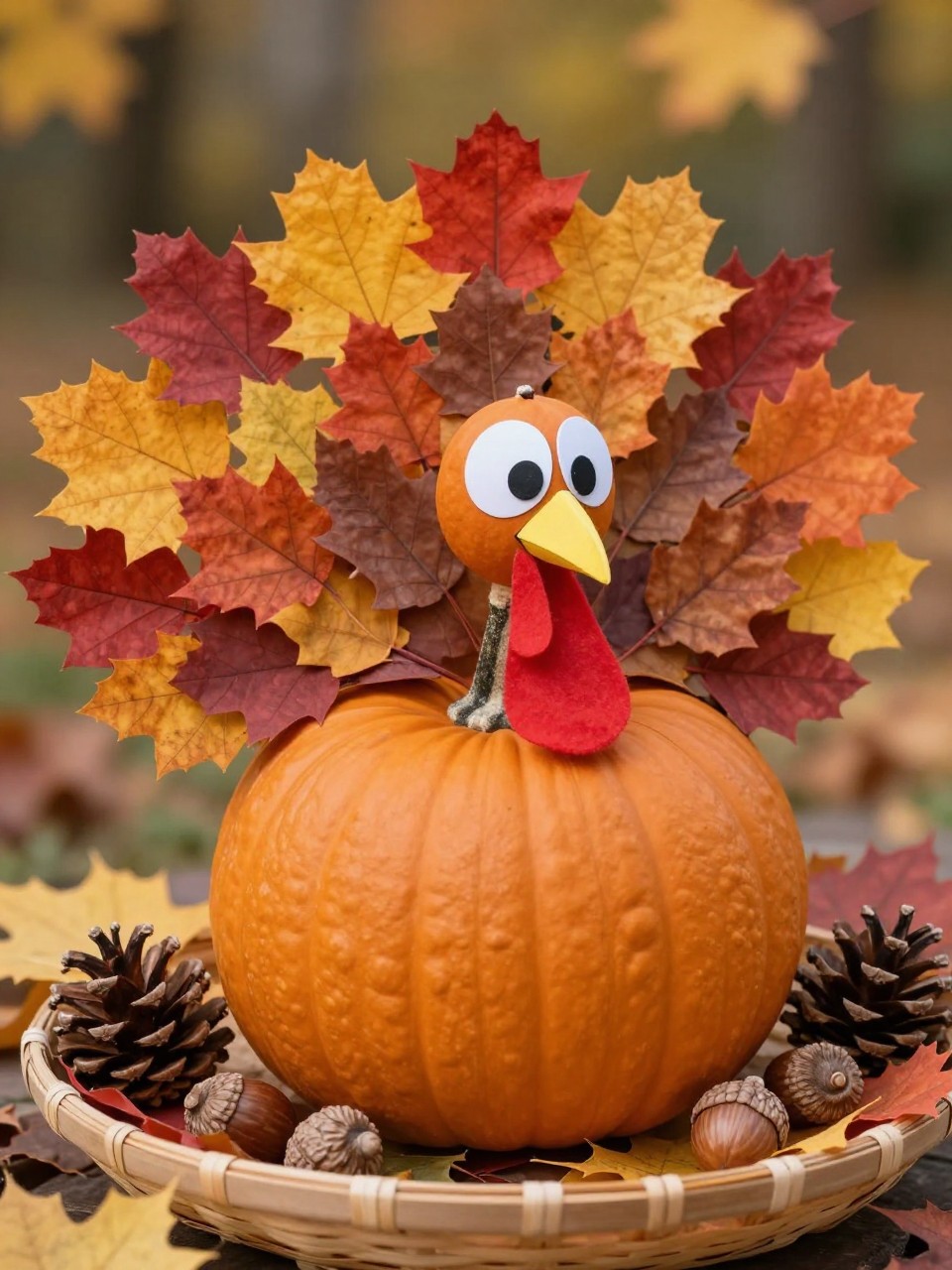 Image Prompt: A realistic DSLR photo of a small orange pumpkin decorated as a turkey with a large tail made from real and faux fall leaves in red, orange, yellow, and brown, painted black eyes, paper beak, red felt wattle, sitting in a shallow basket with acorns, pinecones, and warm outdoor autumn light, natural Thanksgiving craft display.
