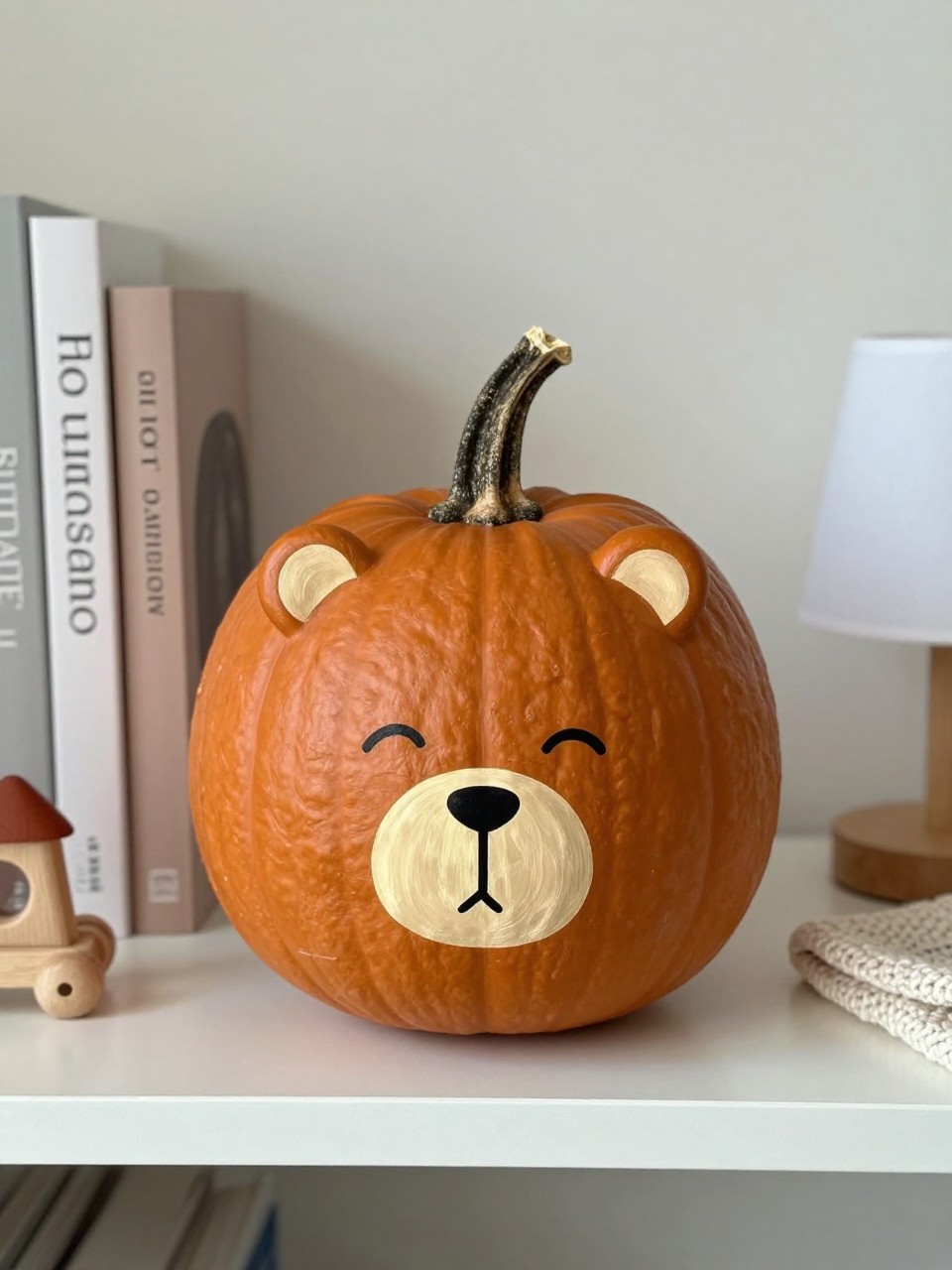 Horizontal 16:9 casual iPhone camera photo of a small caramel-brown real pumpkin painted with a simple bear face, rounded cream muzzle, tiny black nose, gentle closed eyes, two small round painted ears near the upper sides, natural stem, displayed on a nursery shelf beside neutral books, wooden toys, a knitted blanket, and a small lamp, soft morning daylight, calm handmade design, no text.