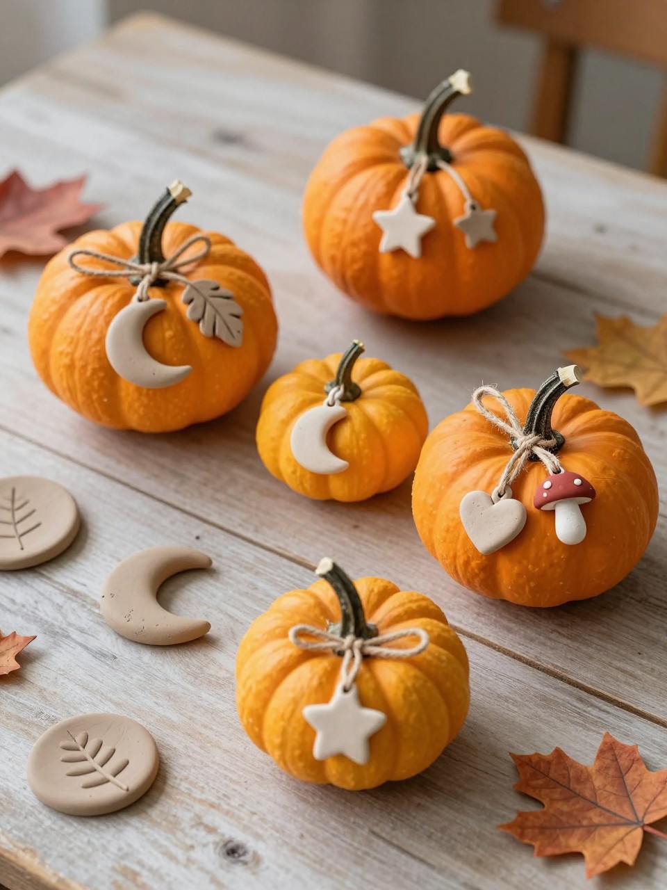 Image Prompt: A realistic DSLR photo of small pumpkins decorated with tiny handmade clay charms shaped like moons, leaves, stars, mushrooms, and hearts, tied around the stems with thin twine, arranged on a rustic craft table with air-dry clay pieces and fall leaves, cozy handmade autumn styling.