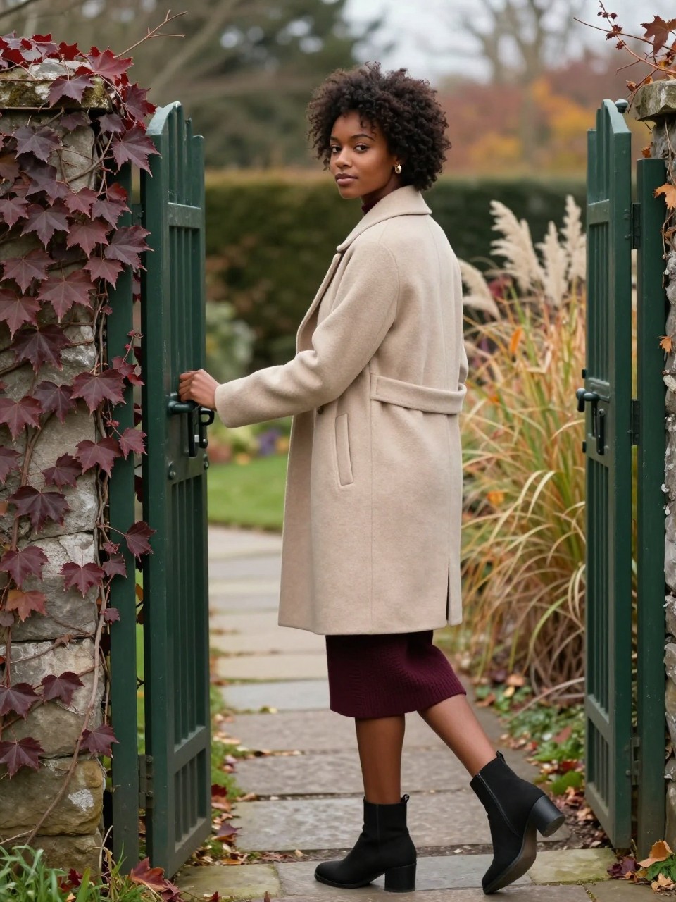 Image Prompt: A realistic outdoor fall portrait of a young Black woman opening a dark green garden gate covered with sparse burgundy ivy. She wears a soft beige wrap coat, a dark wine-colored knit dress, black ankle boots, and small gold earrings. Her natural hair is styled in a high textured puff. One hand holds the gate latch while her body has already stepped partly through the opening. She looks back over her opposite shoulder toward the camera, with the coat forming a clean diagonal line behind her. A stone path, tall autumn grasses, and muted trees appear beyond the gate. Natural medium-deep brown skin tone, soft cloudy daylight, realistic metal and fabric texture, elegant movement, editorial garden photography.