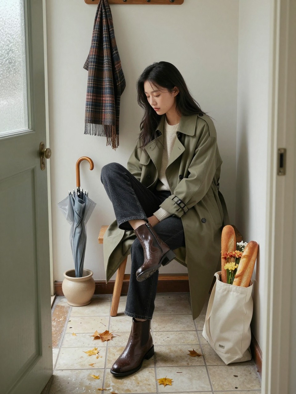 Image Prompt: A realistic lifestyle photograph of a young East Asian woman sitting on a small wooden bench inside an apartment entryway after returning from light fall rain. She wears a moss green trench coat, cream sweater, dark straight-leg jeans, and slightly damp leather ankle boots. One boot is partly removed as she leans forward naturally. A closed umbrella rests in a ceramic stand, a plaid scarf hangs from a wall hook, and a few wet leaves have been tracked onto the tiled floor. A canvas tote containing bread and flowers sits beside her. Soft grey daylight enters through a frosted door, believable moisture, natural skin texture, authentic apartment details, understated editorial composition.