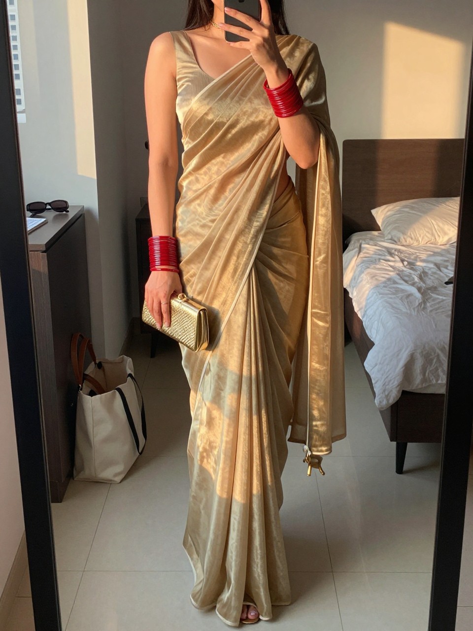 Image prompt
mirror selfie of a woman wearing a gold tissue silk saree with a soft shine and a fitted blouse, red stone bangles, gold heeled sandals, and a small gold clutch, holding a phone in front of a mirror, cropped at NECK so face doesn't show, with a natural casual selfie pose, in a city apartment, evening golden hour, including small lived-in details like a tote bag on the floor, sunglasses on a dresser, or soft bedding in the background, latest iPhone photo quality.