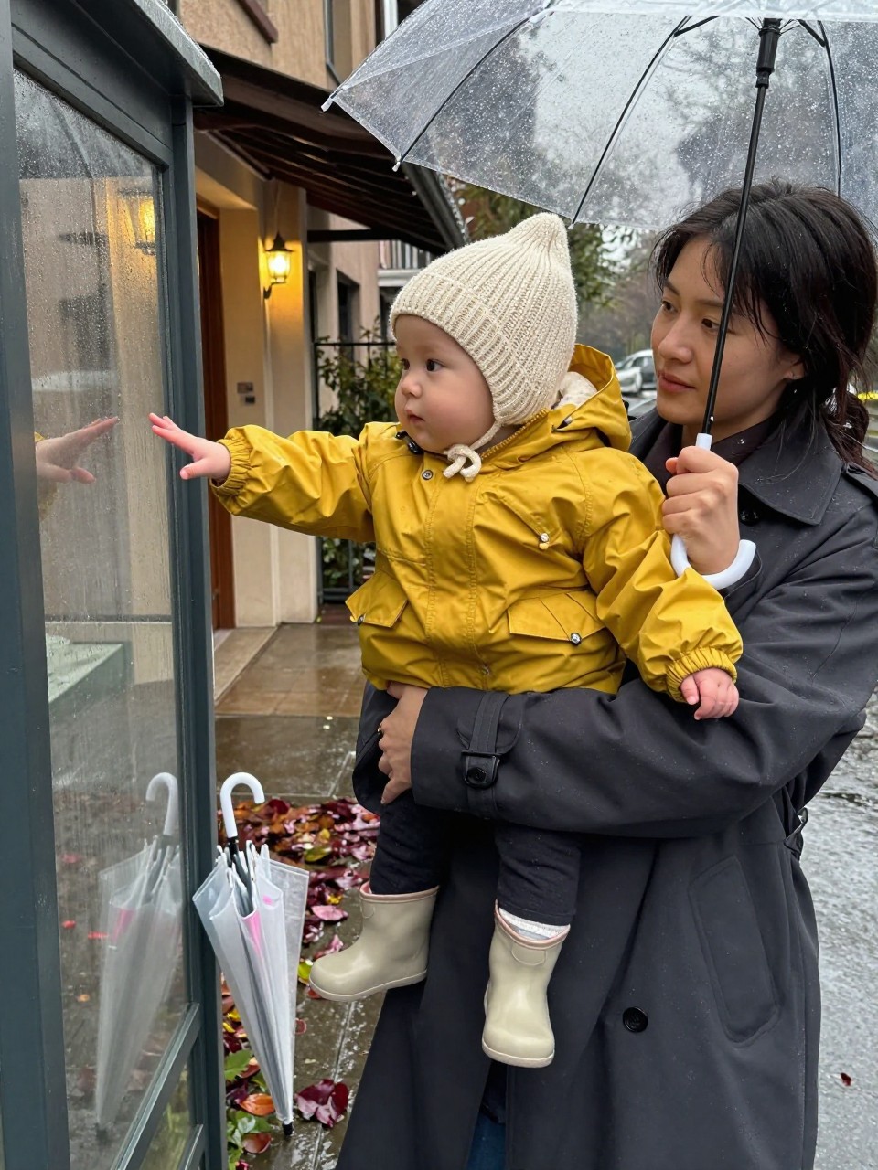 Image Prompt: A realistic outdoor portrait of a ten-month-old Mediterranean baby being held securely on one hip by a parent beside a covered apartment entrance after light rain. The baby wears a mustard yellow waterproof jacket, a cream knitted bonnet secured comfortably, dark leggings, and soft waterproof booties. The parent wears a charcoal trench coat and holds a closed transparent umbrella in the opposite hand, pointed safely toward the ground. Wet pavement reflects burgundy leaves and warm building lights. The baby reaches toward a raindrop on the shelter glass while remaining fully supported. Natural tan skin tone, realistic water reflections, soft grey daylight, detailed raincoat texture, candid family photography.
