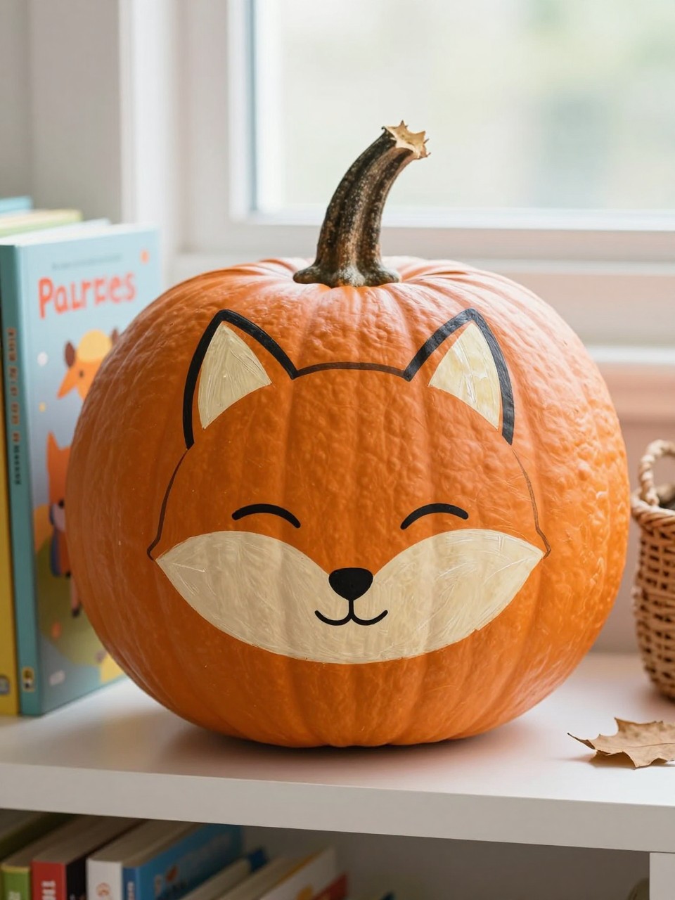 Horizontal 16:9 natural iPhone photograph of a round real pumpkin painted warm burnt orange with a simple fox face, cream cheeks and muzzle, small black nose, gentle closed eyes, two pointed painted ears near the top, natural stem, displayed on a low bookshelf beside children’s books, a woven basket, and dried leaves, soft window light, realistic hand-painted design, no distorted features, no text.