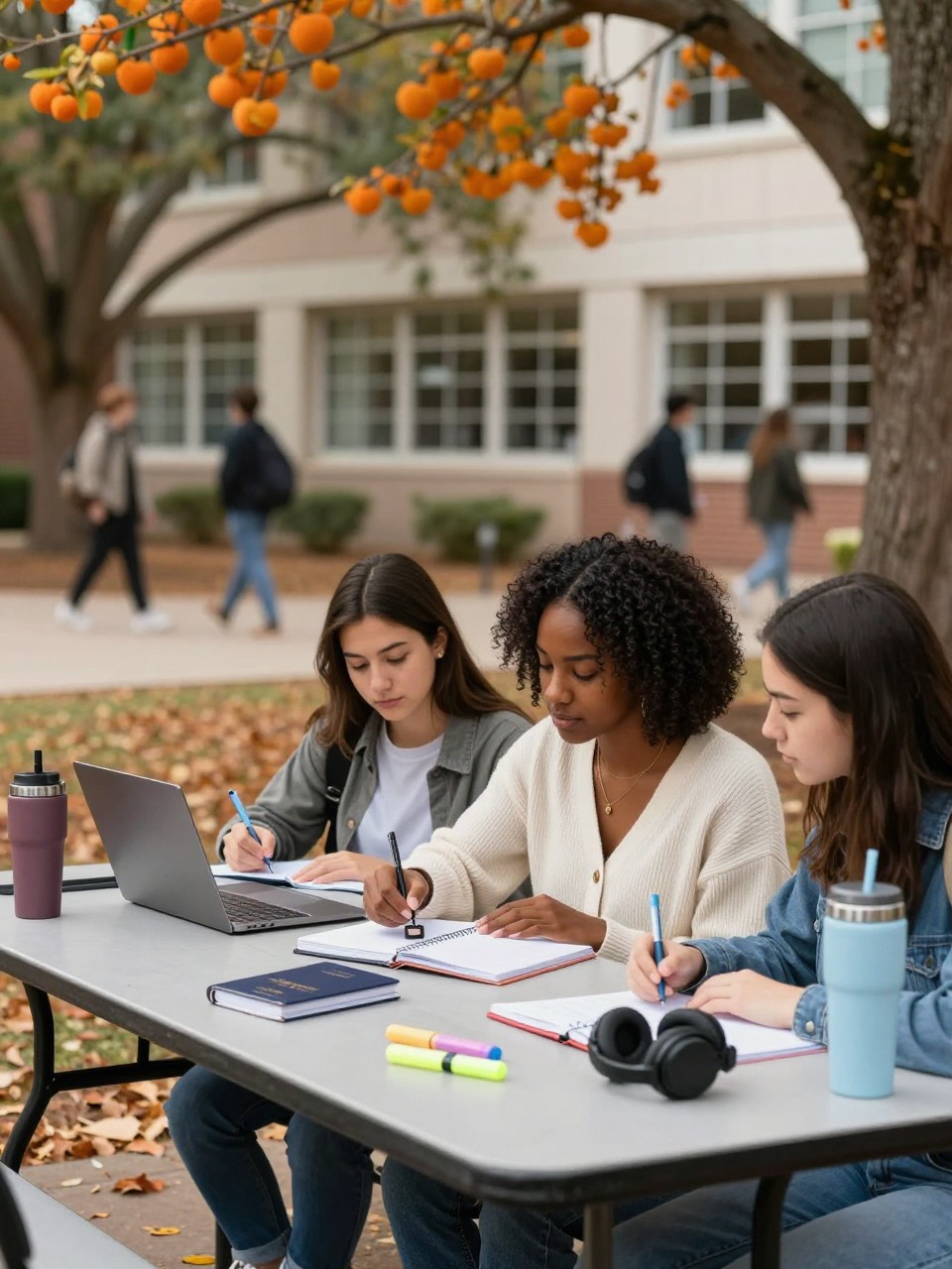 Image Prompt: Two college students seated at an outdoor campus table beneath orange trees, a notebook styled as a study passport open beside laptops, highlighters, headphones and reusable drink bottles, one Black woman in a cream cardigan adding a small stamp while her friend studies, library windows and students walking in the softly blurred background, fallen leaves across the pavement, natural midday light, authentic study materials and relaxed posture, editorial DSLR photography, 50mm lens, no readable notes, no text overlay.