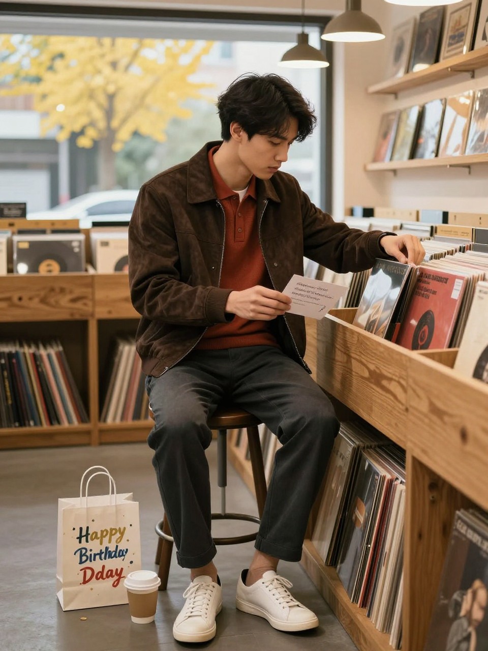 Image Prompt: A realistic indoor editorial photograph of a young East Asian man browsing vinyl records inside an independent music shop. He wears a dark brown suede jacket over a rust knit polo, charcoal trousers, and clean leather sneakers. A small birthday gift bag and paper coffee cup rest on the floor beside him. He holds one record near his chest while reading a handwritten card tucked inside the sleeve. Rows of albums, wooden shelves, warm pendant lights, and a front window showing yellow trees form the background. Natural skin texture, realistic hands and album proportions, no recognizable copyrighted album artwork, relaxed birthday lifestyle photography.