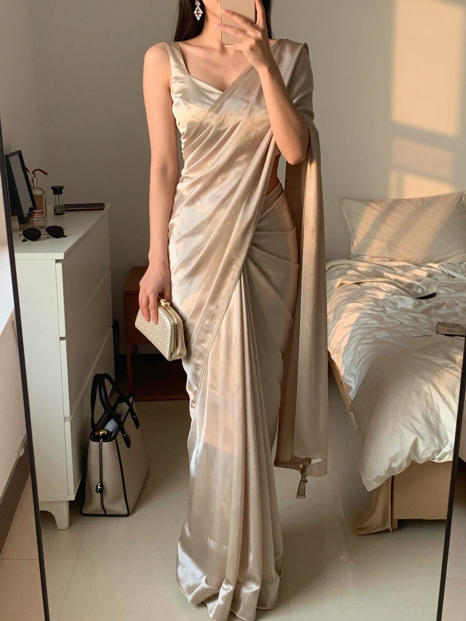 Image prompt
mirror selfie of a woman wearing a champagne satin saree with a clean drape and a matching blouse, crystal drop earrings, silver heels, and a small champagne clutch, holding a phone in front of a mirror, cropped at NECK so face doesn't show, with a natural casual selfie pose, in a feminine-themed bedroom, evening golden hour, including small lived-in details like a tote bag on the floor, sunglasses on a dresser, or soft bedding in the background, latest iPhone photo quality.