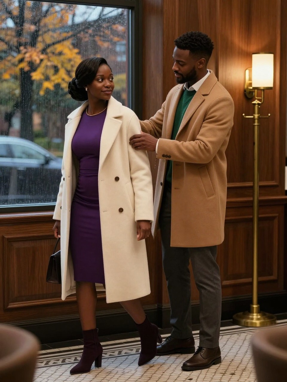 Image Prompt: A realistic cinematic photograph of a young Black couple inside the warm lobby of a boutique hotel on a rainy fall evening. The woman has deep brown skin and wears a fitted plum dress beneath a long cream wool coat, with pointed dark boots and her natural hair in a polished low puff. The man has medium-deep brown skin and wears a camel overcoat over a forest green sweater and tailored charcoal trousers. He gently helps remove her coat while she looks back toward him with a soft smile. A brass coat stand, wood-paneled walls, patterned floor tiles, and a rain-speckled entrance window reflecting amber trees form the background. Accurate dark skin tones, realistic wool and brass textures, warm lamp light balanced with cool window light, intimate but natural body language.